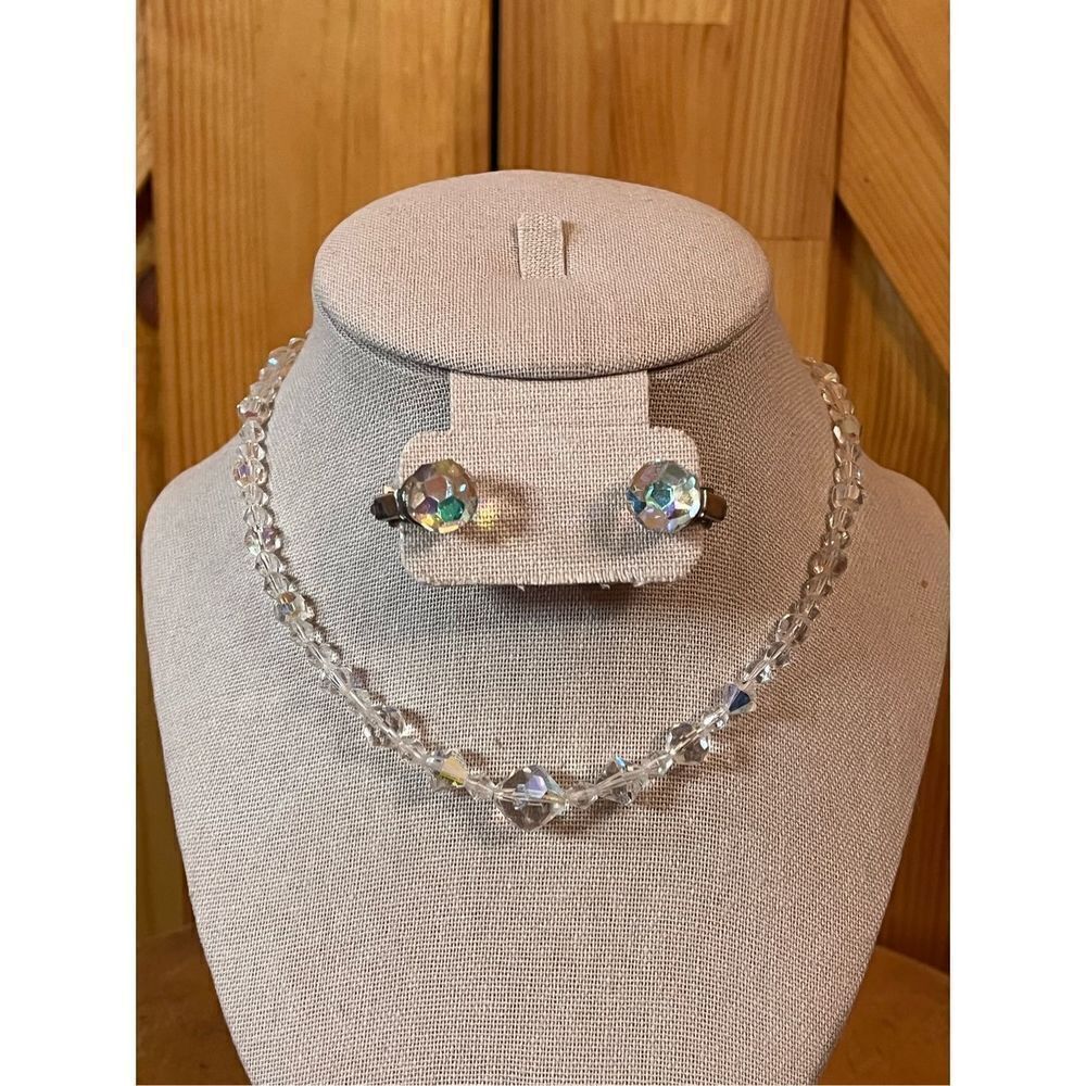 Vintage Clear Glass Choker Necklace/Clip On Earrings (1856)